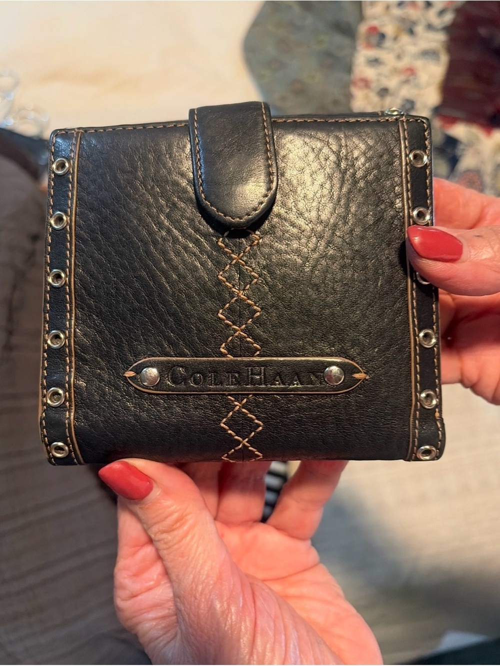 Cole Haan Black Leather Bifold Wallet with Stud Detail